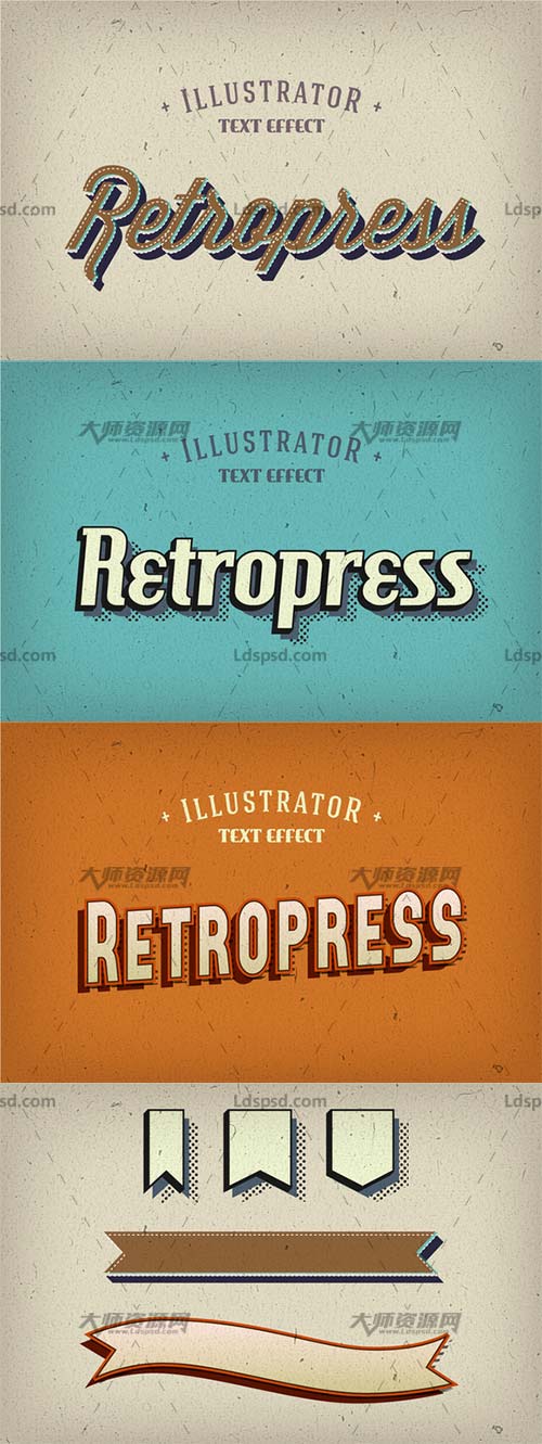 Retropress Illustrator Text Effects,AI图形样式－3个复古式效果